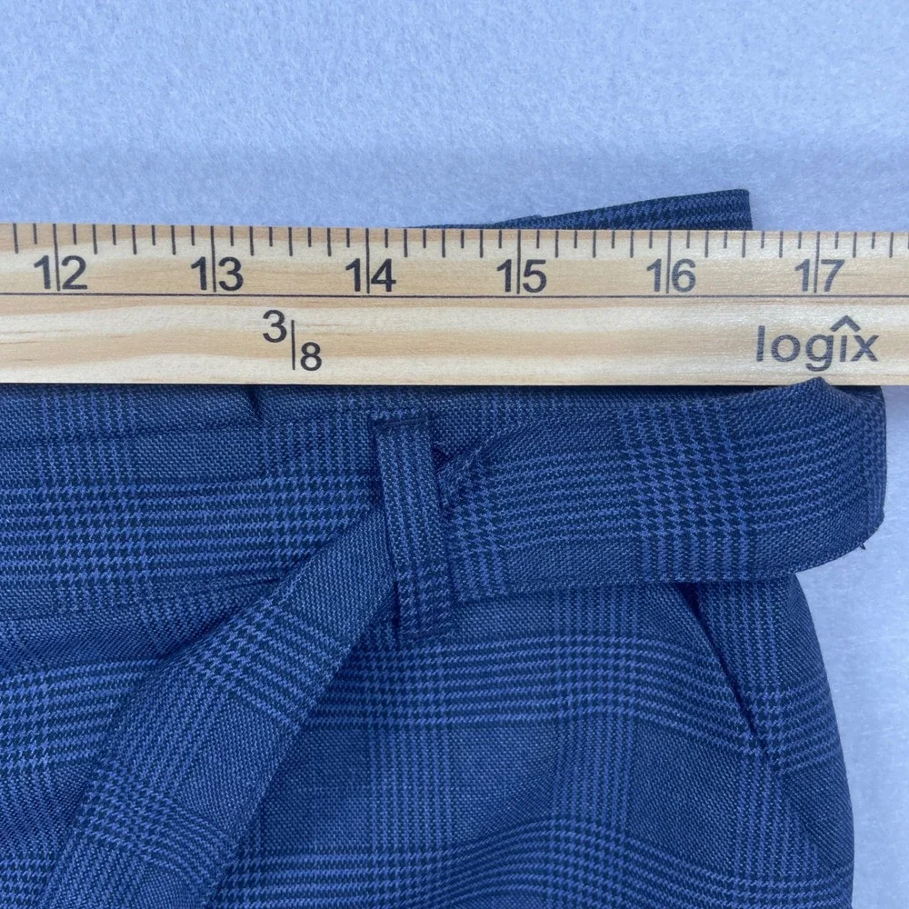 Blue Glen Plaid Paper Bag Waist Pencil Skirt with Belted Tie and Back Vent